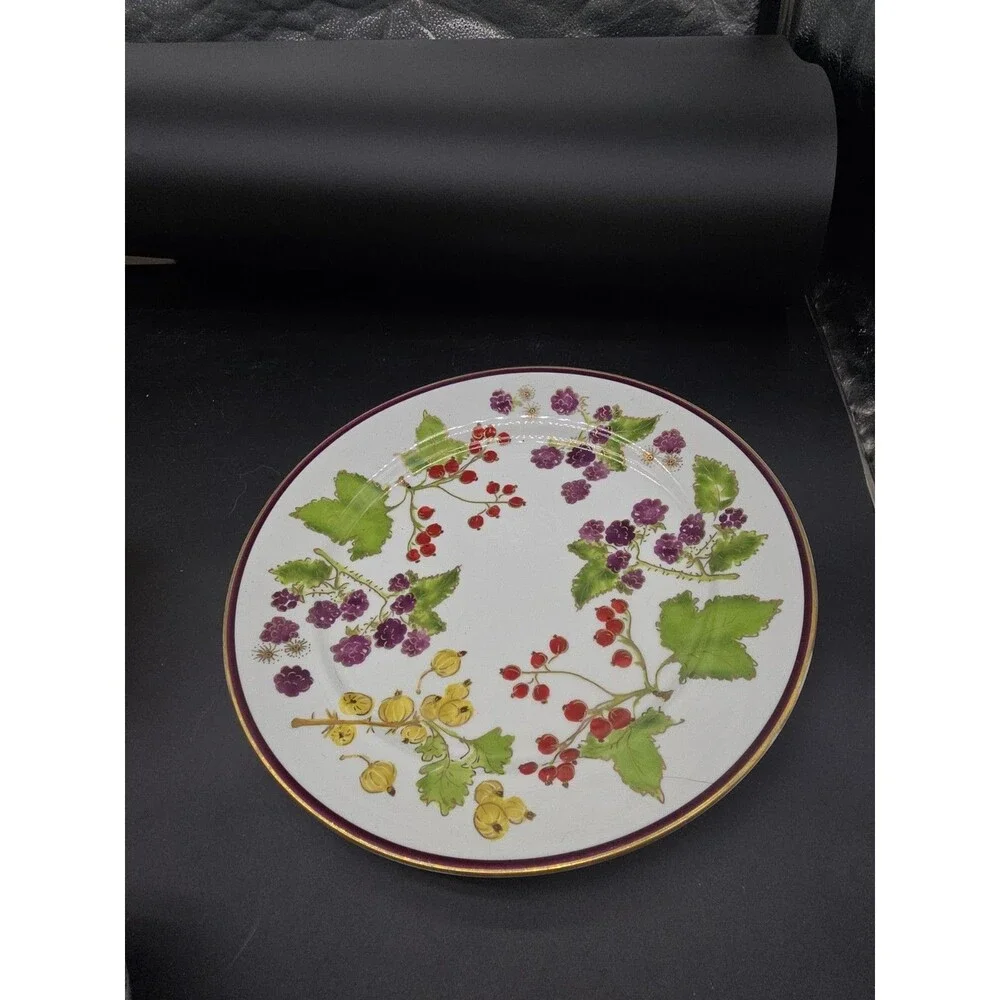 Crate & Barrel Raspberry & Holly Large Round Serving Platter /Plate Gold Rim 12